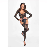 F296 Psyche bodysuit of lace and wetlook XL Noir Handmade