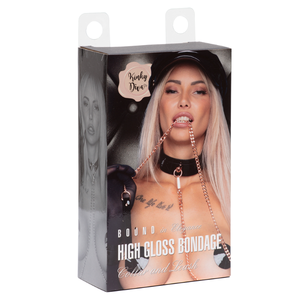 Kinky Diva set High Gloss O-Ring Collar+Leash Black/Rose Gold