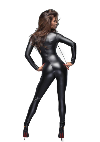 F162 Powerwetlook overall with leash XXL Noir Handmade