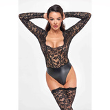 F296 Psyche bodysuit of lace and wetlook XL Noir Handmade
