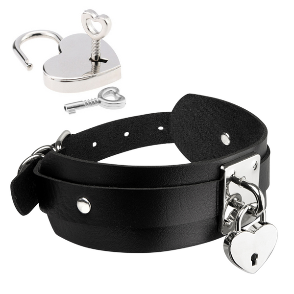 Obróżka Z Kłódką Heart Lock & Key Collar Black/Silver Kinky Diva