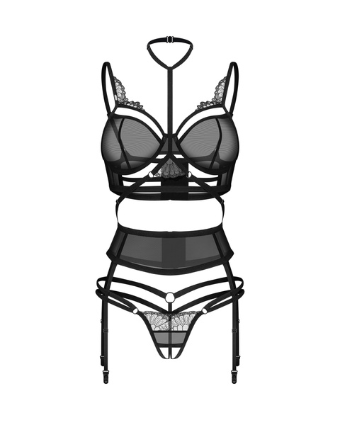 3-Piece Crotchless Set Premisis Black S/M Obsessive Premium