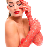 Kinky Diva gloves with zirconia Starlet Gloves Red/Rhinestones